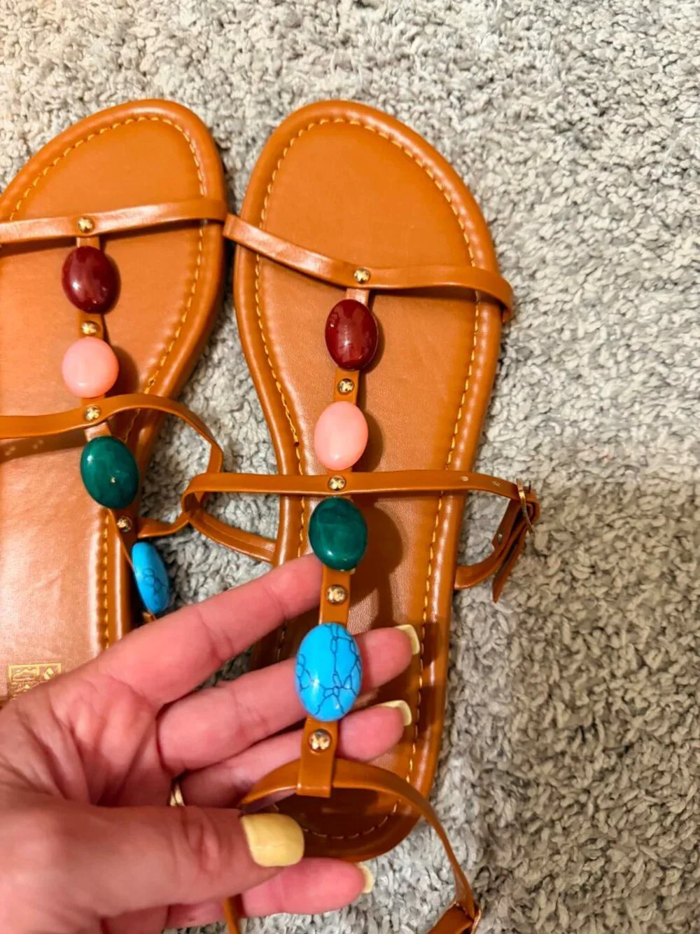 Women's Brown Sandals with Colorful Stone Accents & Gold Trim Size 7